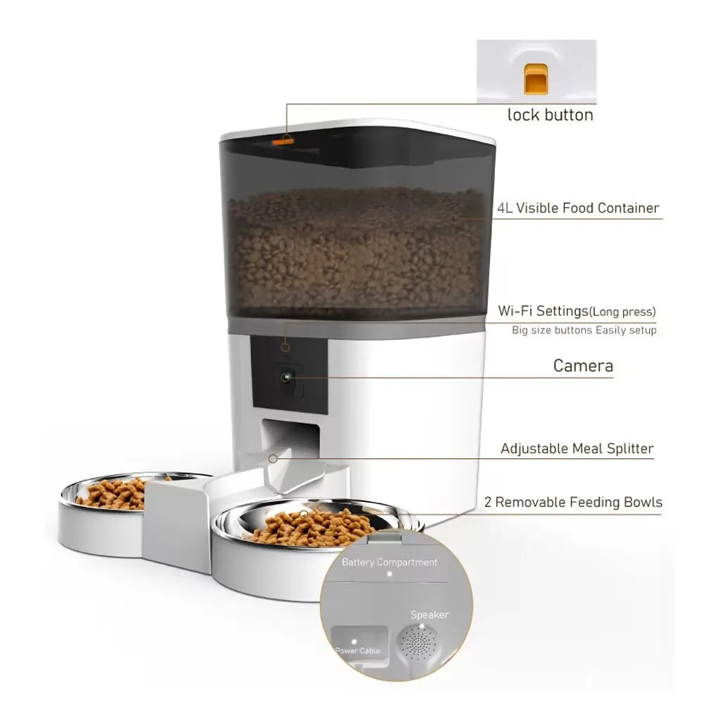 Automatic Cat Feeder Food Dispenser With 1080 FHD WIFI Camera Recorder 8L Smart