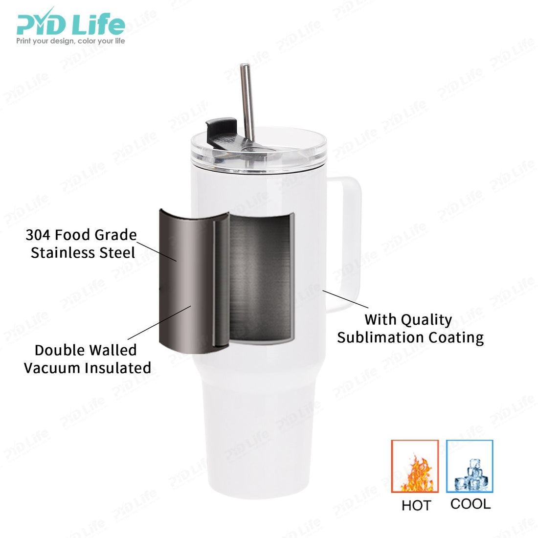 PYD Life 40oz Travel Mug Double Wall Stainless Steel Sublimation Blank Tumbler Custom Cup with Metal Handle