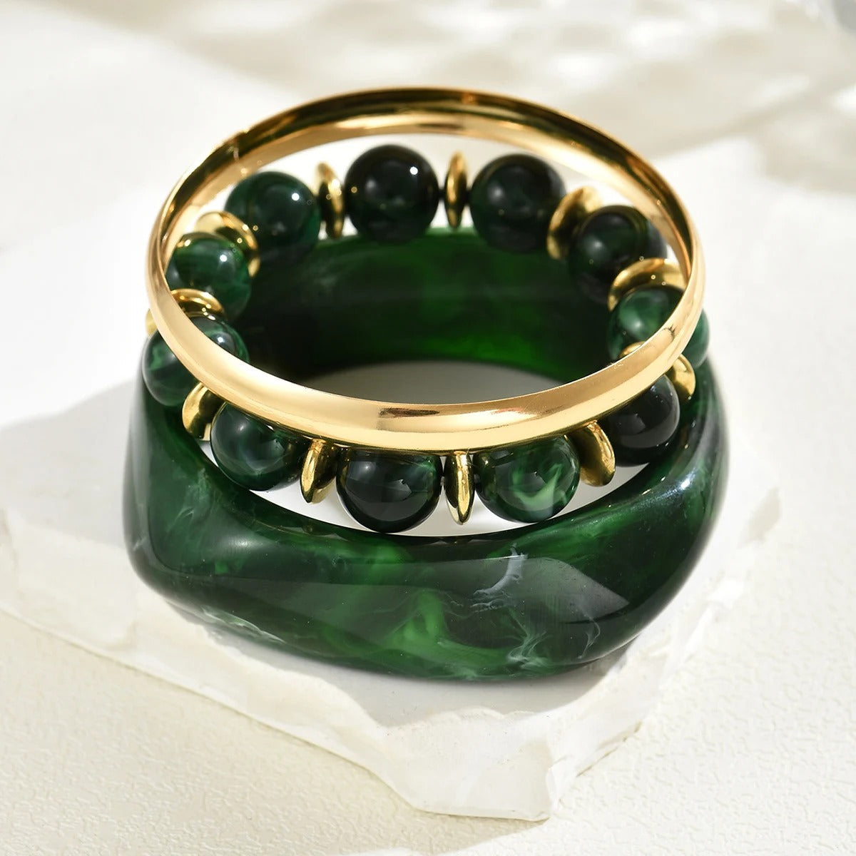 Vintage Resin & Metal Beaded Bracelet Set, Geometric Stackable Bangles for Women