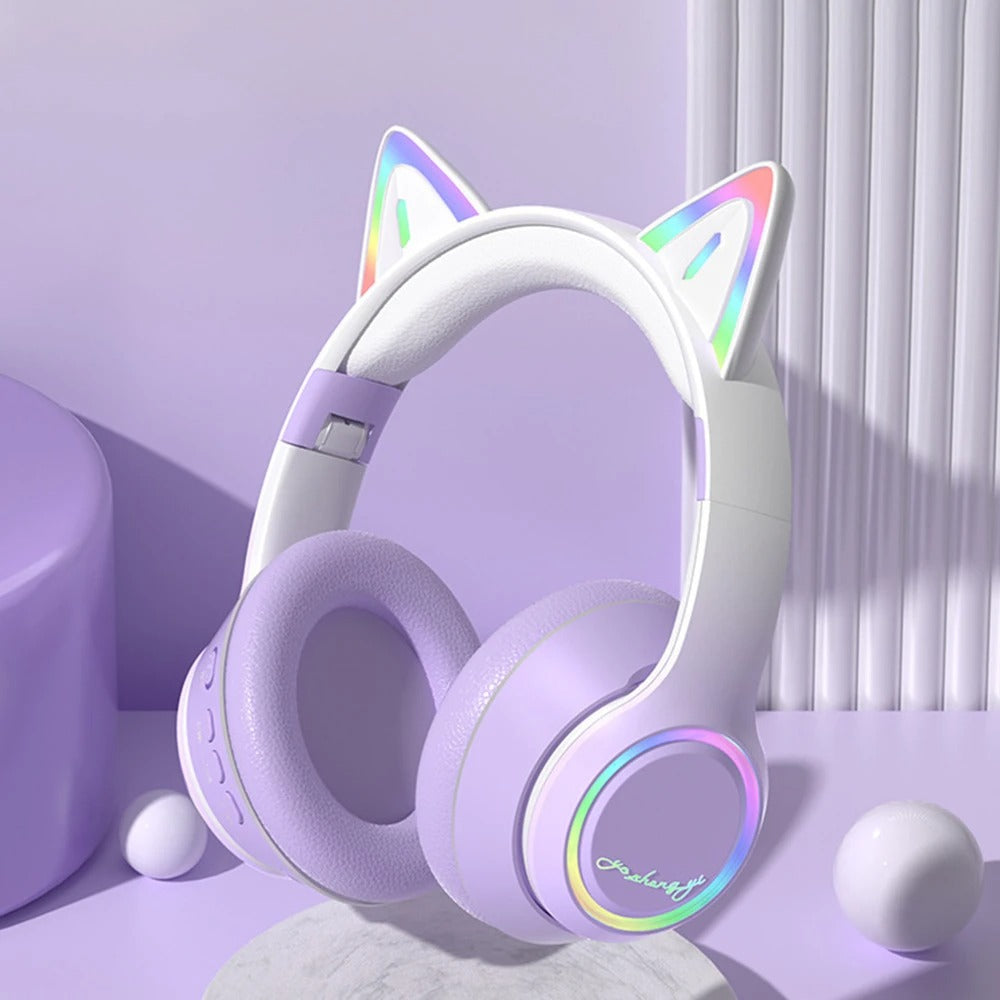 RGB Cat Ear Bluetooth Headphones For Girls Gradient Wireless Headphones With Microphone