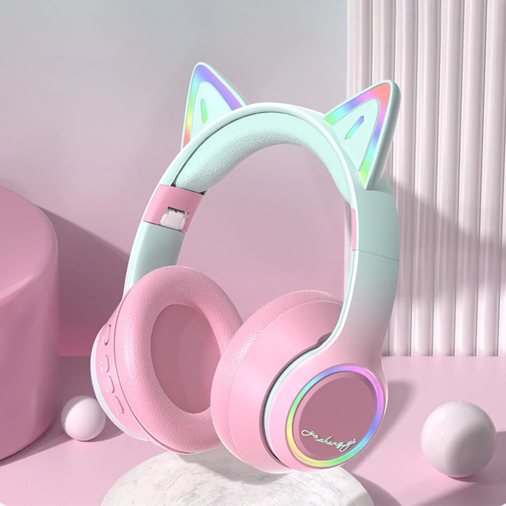 RGB Cat Ear Bluetooth Headphones For Girls Gradient Wireless Headphones With Microphone