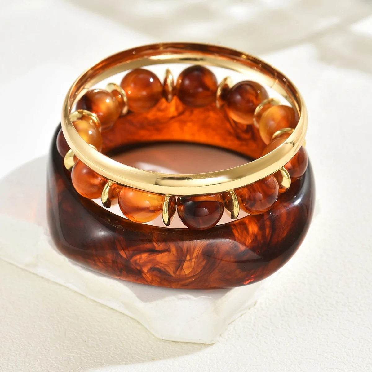 Vintage Resin & Metal Beaded Bracelet Set, Geometric Stackable Bangles for Women