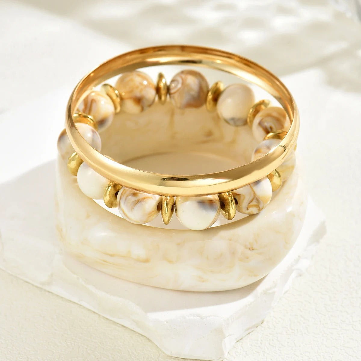 Vintage Resin & Metal Beaded Bracelet Set, Geometric Stackable Bangles for Women