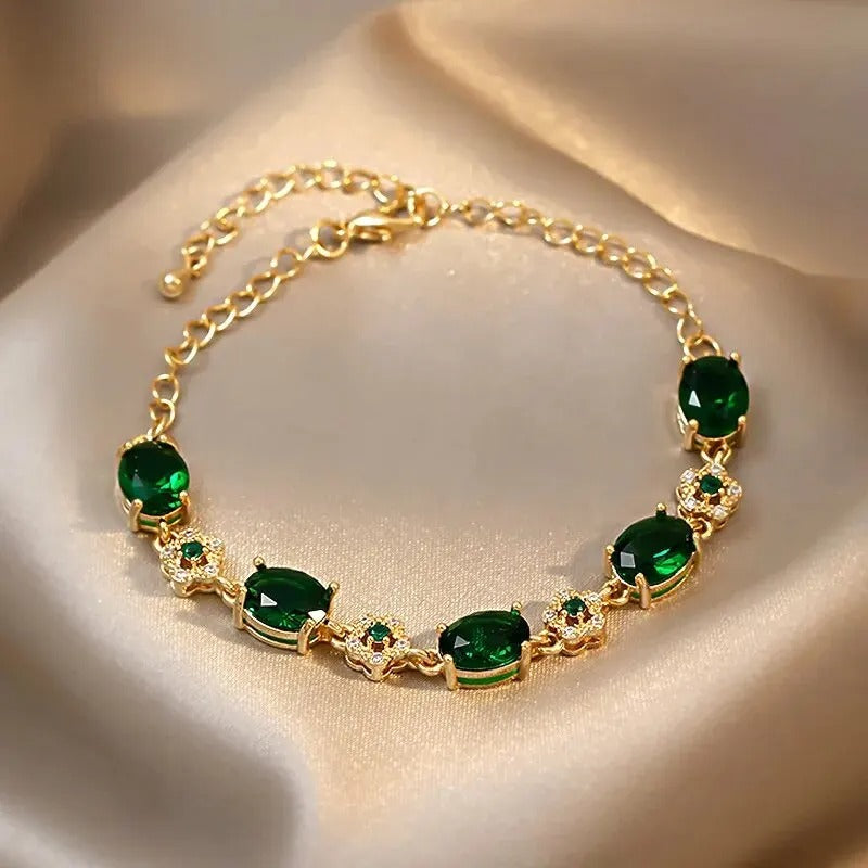 Luxury Green Rhinestone Crystal Bracelet Gold Color Link Chain Bracelets For Women Vintage