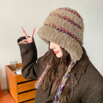 Women's Plush Beanie Hat Warm and Cosy Ear-Warming Cap Adorable Knitted Woolen Hat Soft