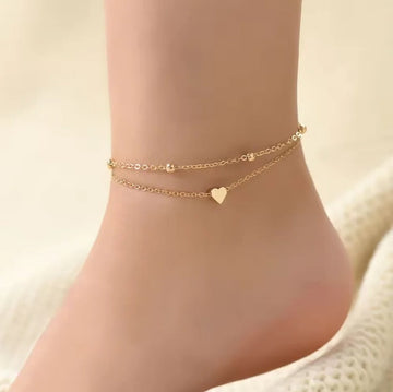 Single-piece women's gold double-layered heart anklet, simple beach foot jewelry