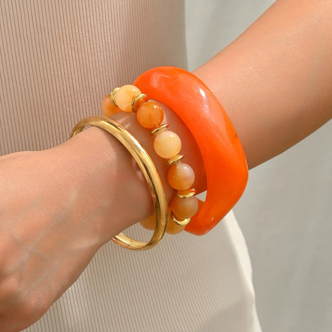 Vintage Resin & Metal Beaded Bracelet Set, Geometric Stackable Bangles for Women