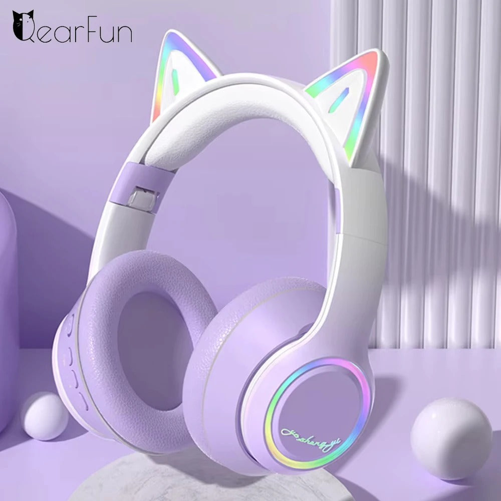 RGB Cat Ear Bluetooth Headphones For Girls Gradient Wireless Headphones With Microphone