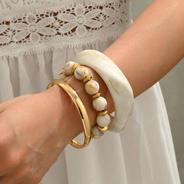 Vintage Resin & Metal Beaded Bracelet Set, Geometric Stackable Bangles for Women