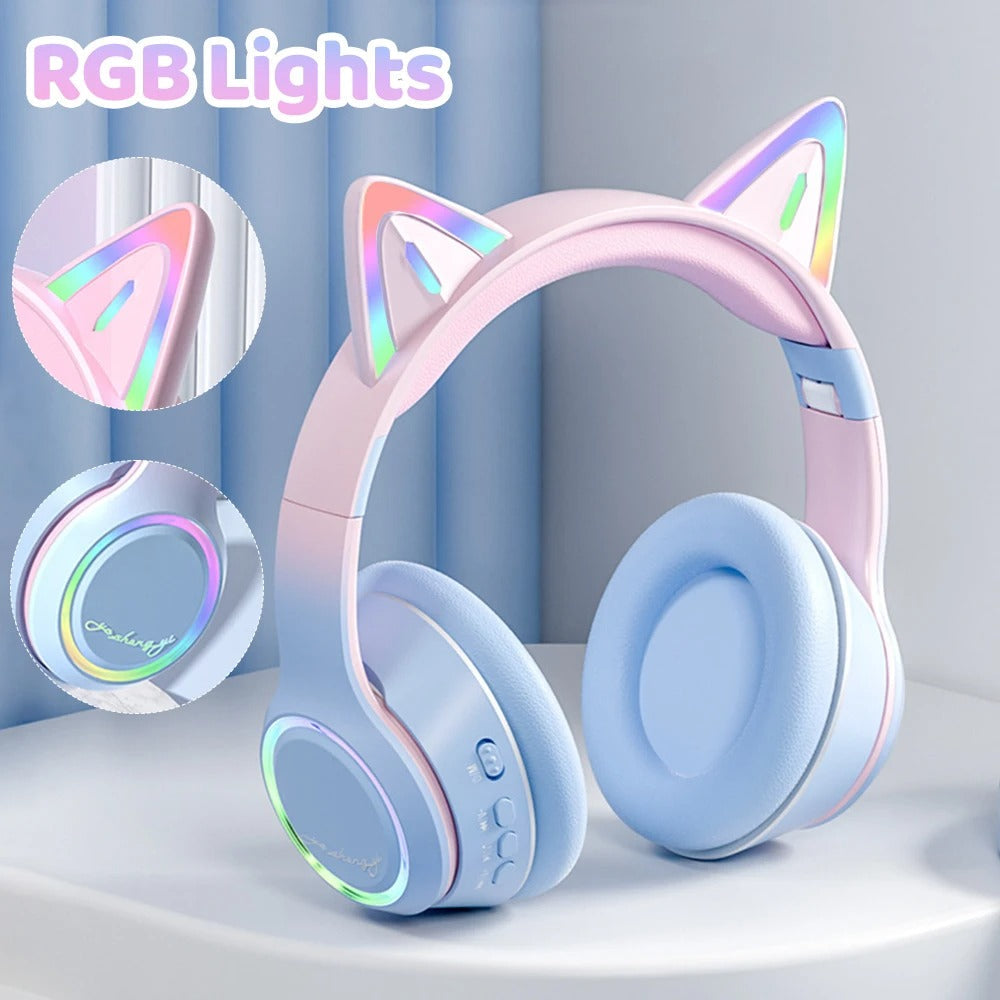 RGB Cat Ear Bluetooth Headphones For Girls Gradient Wireless Headphones With Microphone