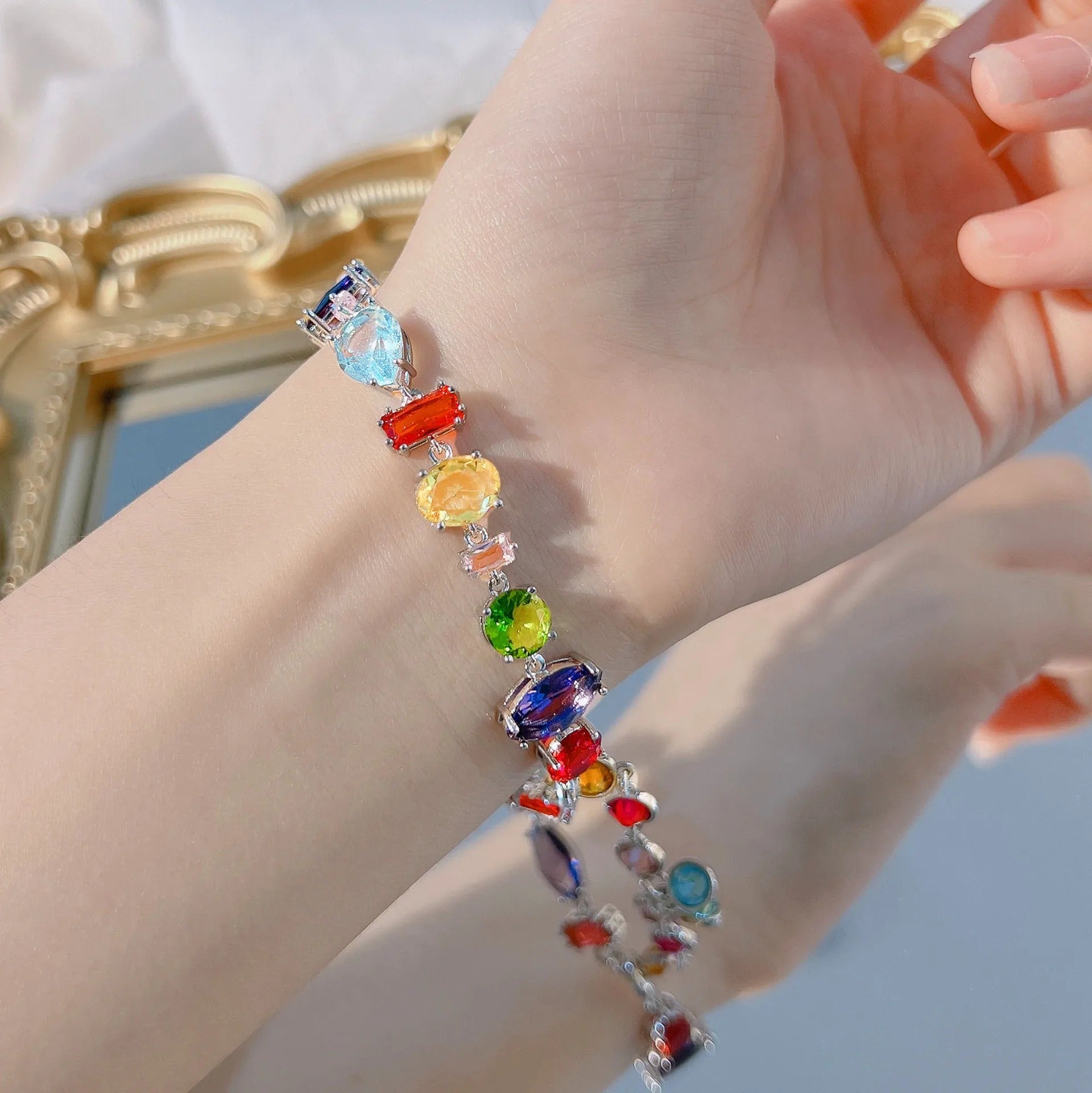 Foydjew Cute Square Candy Color Crystal Bracelets For Women Luxury Design Rainbow Zircon