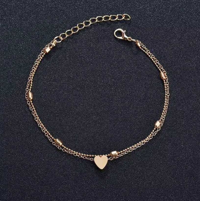 Single-piece women's gold double-layered heart anklet, simple beach foot jewelry