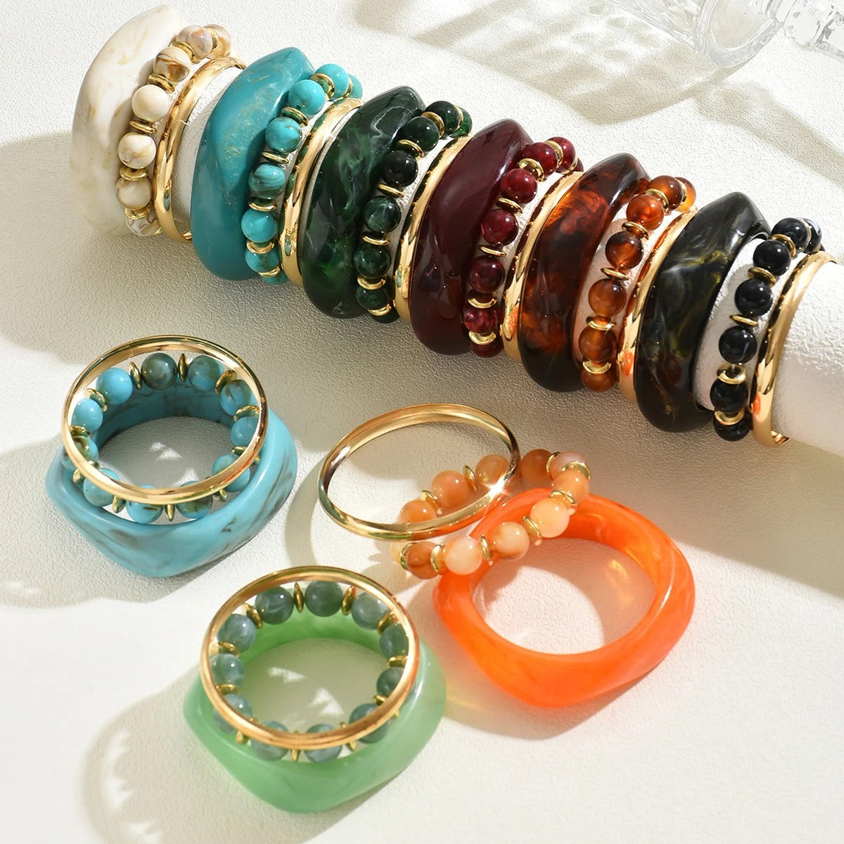 Vintage Resin & Metal Beaded Bracelet Set, Geometric Stackable Bangles for Women