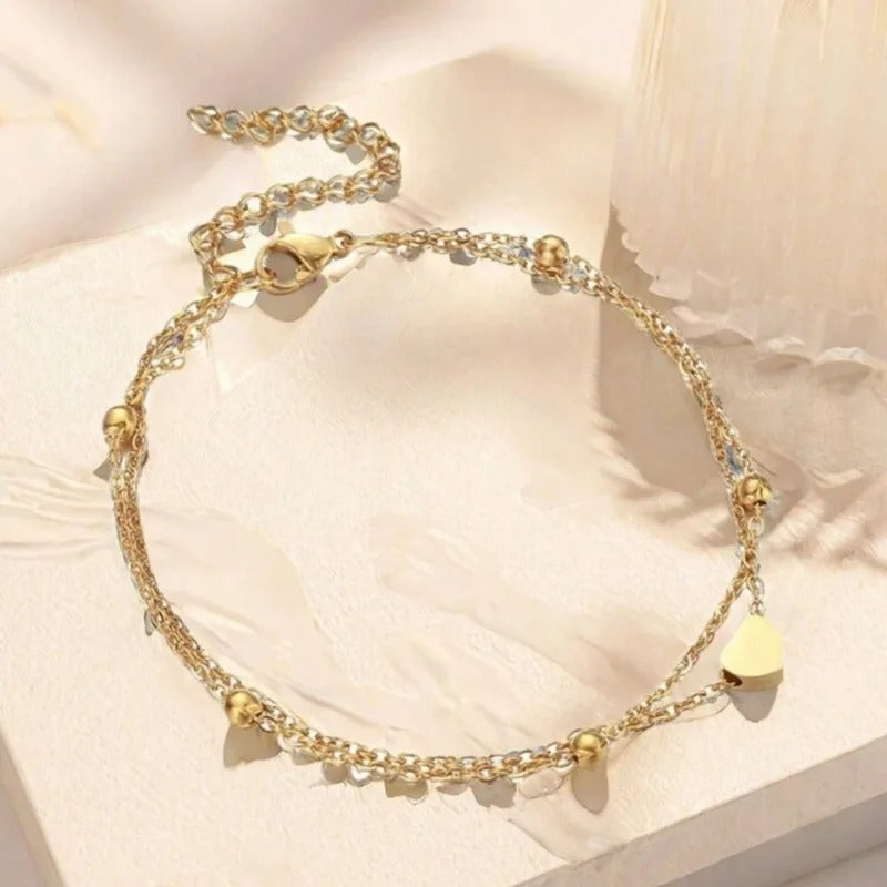 Single-piece women's gold double-layered heart anklet, simple beach foot jewelry