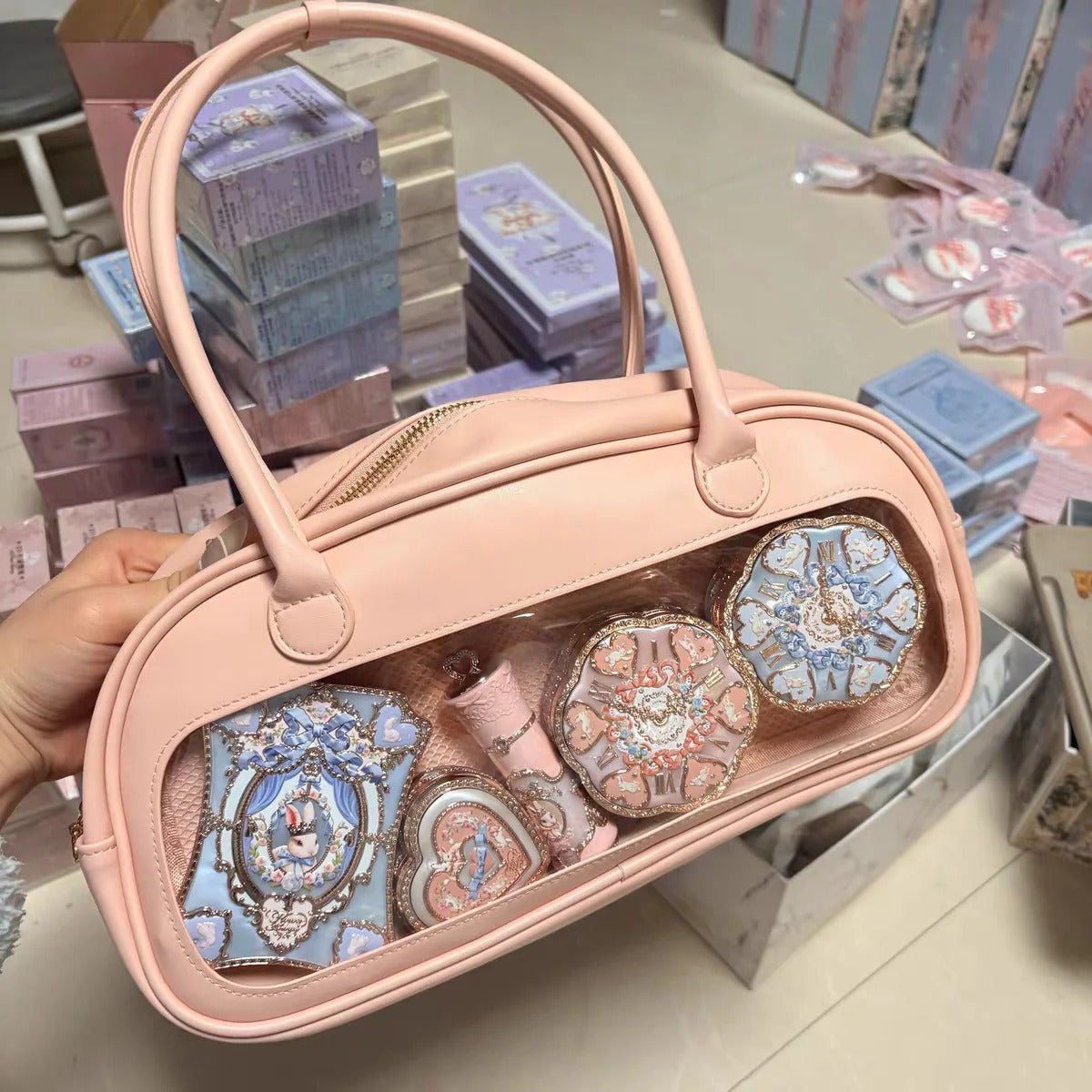 Flower knows makeup tools pink handbag Cosmetic Bag Pink Handbag PU Summer Limited Leather Bag