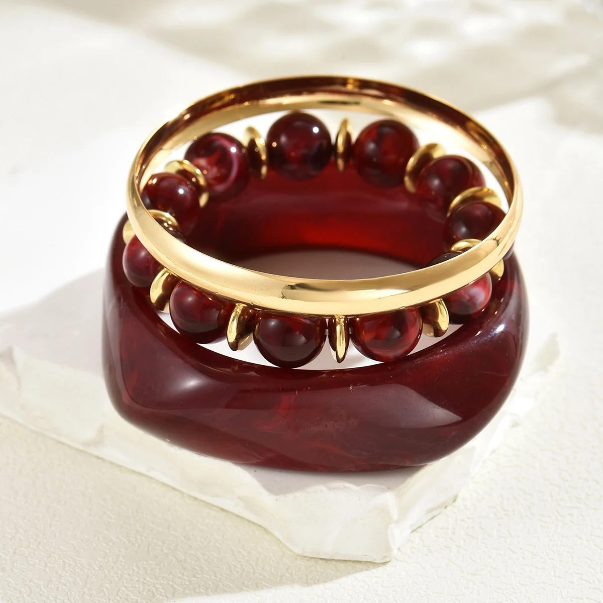 Vintage Resin & Metal Beaded Bracelet Set, Geometric Stackable Bangles for Women