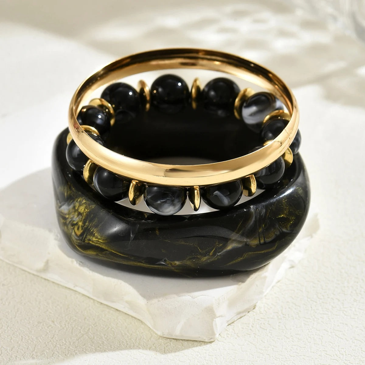 Vintage Resin & Metal Beaded Bracelet Set, Geometric Stackable Bangles for Women