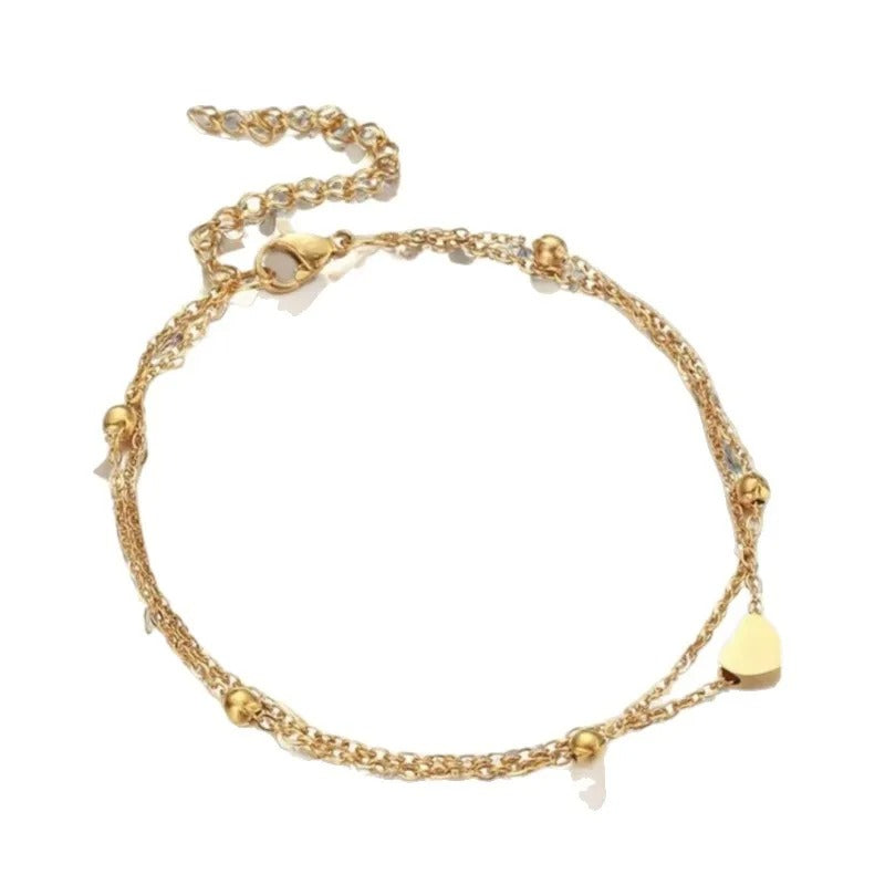 Single-piece women's gold double-layered heart anklet, simple beach foot jewelry