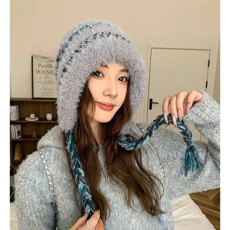 Women's Plush Beanie Hat Warm and Cosy Ear-Warming Cap Adorable Knitted Woolen Hat Soft