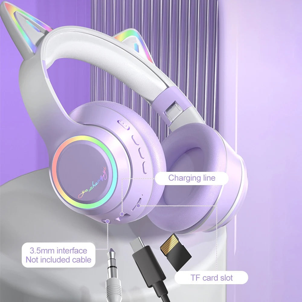 RGB Cat Ear Bluetooth Headphones For Girls Gradient Wireless Headphones With Microphone
