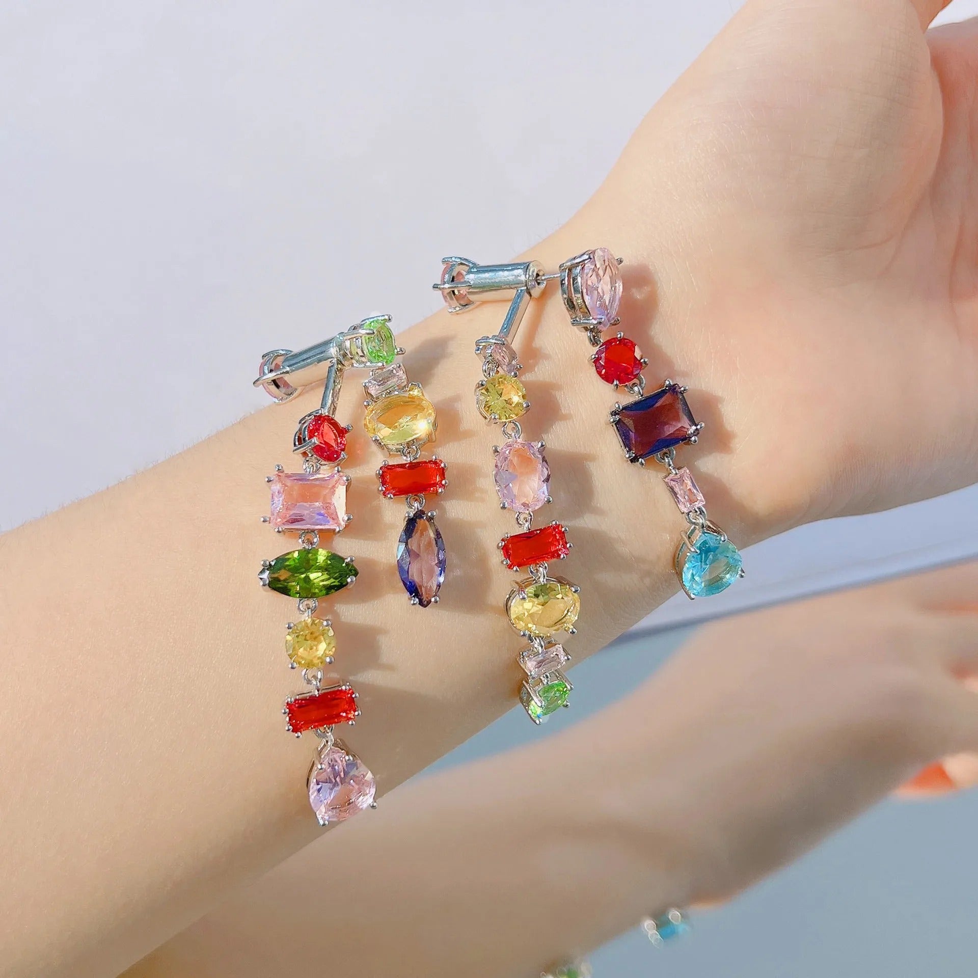 Foydjew Cute Square Candy Color Crystal Bracelets For Women Luxury Design Rainbow Zircon