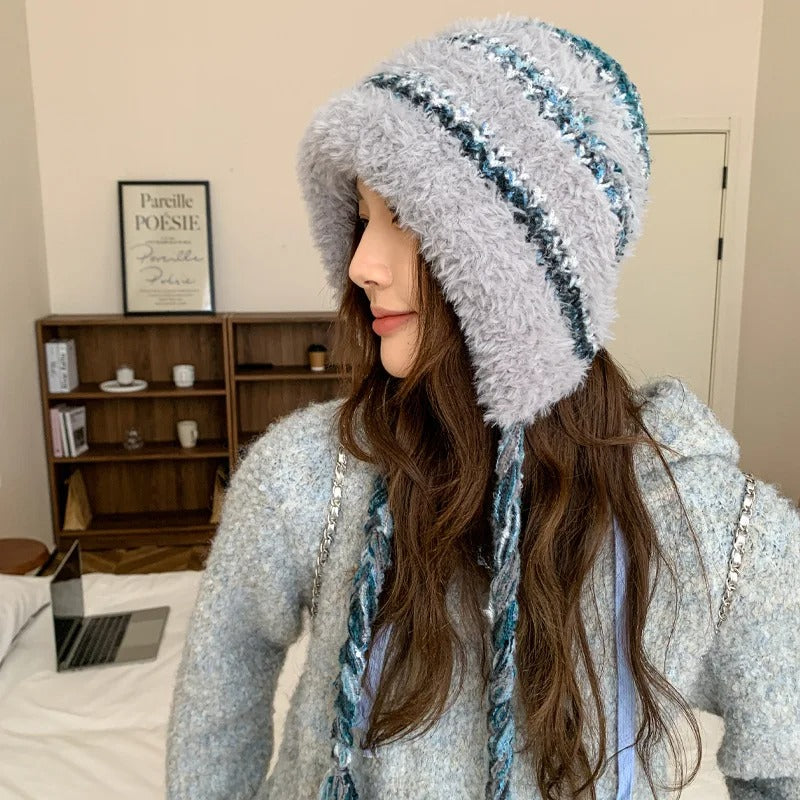 Women's Plush Beanie Hat Warm and Cosy Ear-Warming Cap Adorable Knitted Woolen Hat Soft
