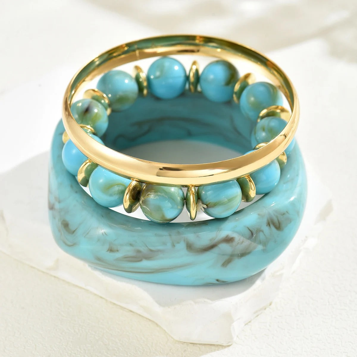 Vintage Resin & Metal Beaded Bracelet Set, Geometric Stackable Bangles for Women