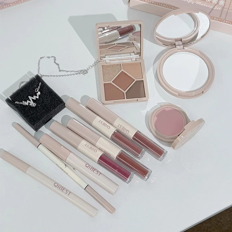 QIBEST 4 Colors Double Head Lip Glaze,Pressed Powder,Blush,Eyeshadow, Eyebrow