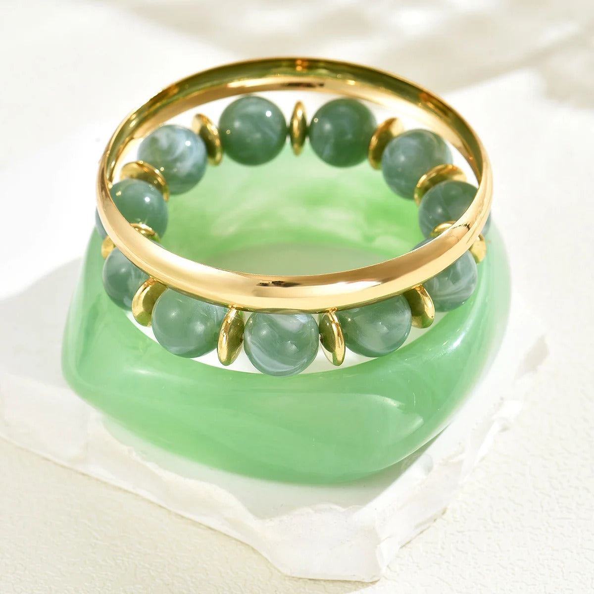 Vintage Resin & Metal Beaded Bracelet Set, Geometric Stackable Bangles for Women