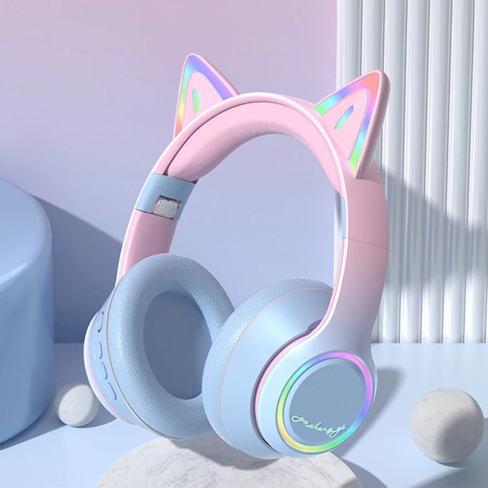 RGB Cat Ear Bluetooth Headphones For Girls Gradient Wireless Headphones With Microphone