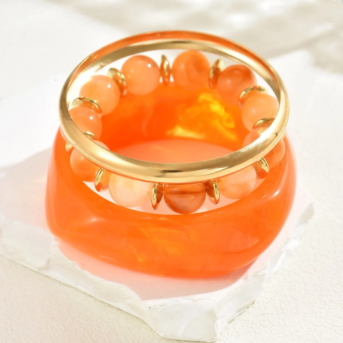 Vintage Resin & Metal Beaded Bracelet Set, Geometric Stackable Bangles for Women
