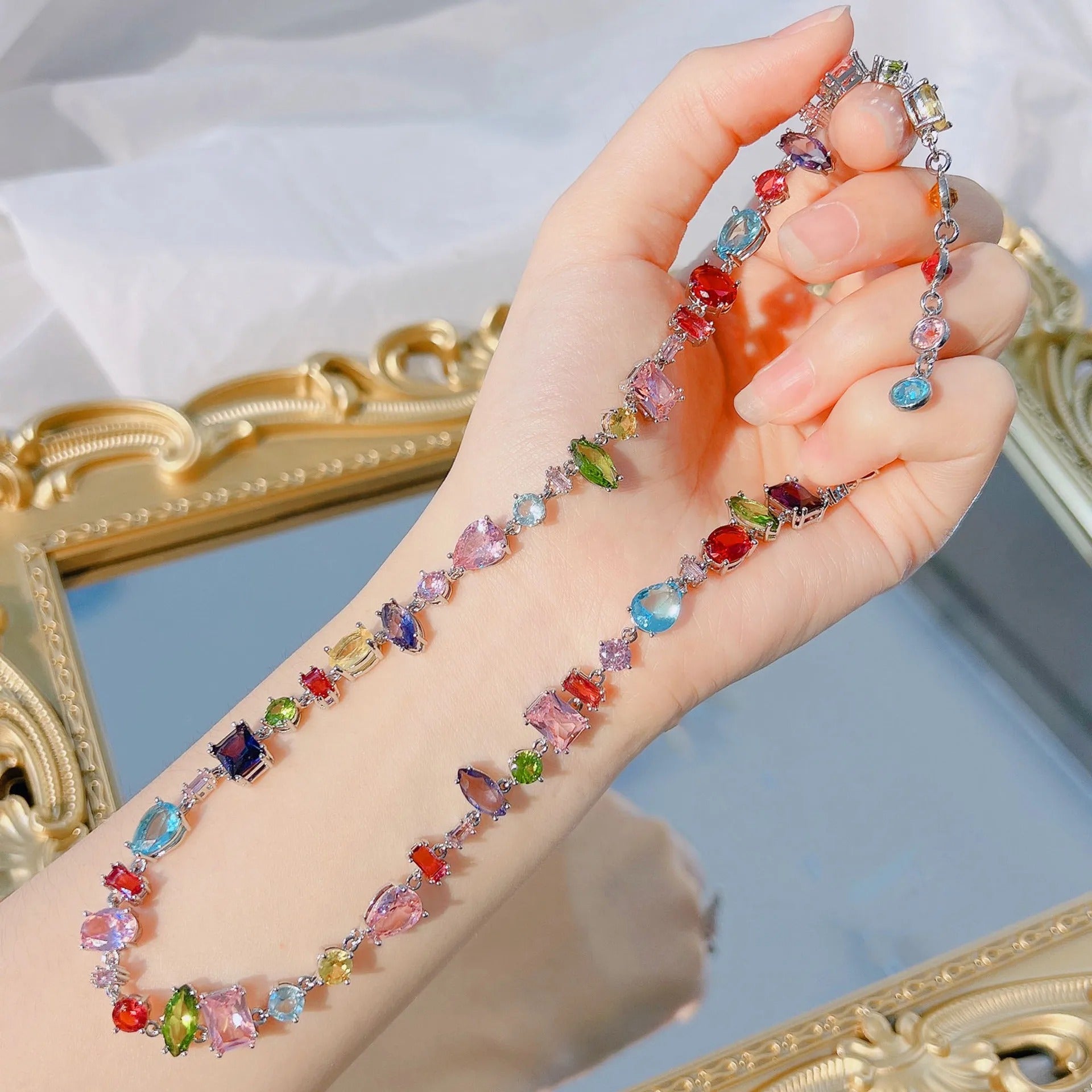 Foydjew Cute Square Candy Color Crystal Bracelets For Women Luxury Design Rainbow Zircon